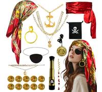 HuaMuDM 21 Pezzi Accessori Costume Da Pirata,Accessori Pirata Donna,Kit Accessori Piratas,Include Fasce Da Pirata,Maschere Per Gli Occhi,Orecchini,Collane,per Halloween,Carnevale, Mascherata