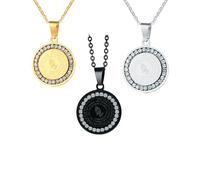 HUANGBONIG Ciondolo tondo in acciaio inox intarsiato con accessori in zircone, Metallo