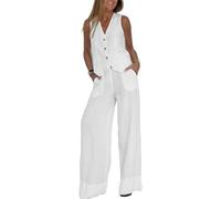 HUANGJB Abiti da donna Set da 2 pezzi con scollo a V senza maniche con bottoni gilet a gamba larga pantaloni a 2 pezzi blazer completo estivo in lino set abbinati, bianco, L