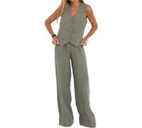 HUANGJB Abiti da donna Set da 2 pezzi con scollo a V senza maniche con bottoni gilet a gamba larga pantaloni a 2 pezzi blazer completo estivo in lino set abbinati, Grigio, S