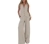 HUANGJB Abiti da donna Set da 2 pezzi con scollo a V senza maniche con bottoni gilet a gamba larga pantaloni a 2 pezzi blazer completo estivo in lino set abbinati, Beige, S