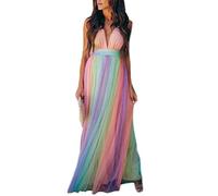 HuanHaoYu Elegante Donna Lunga Vestiti V Profondo Vestito Estivi Multicolore Spaghetti Vestito Lungo Unico Tulle Vestito (Multicolore,XL)