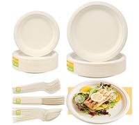 Huanmin 250 Pcs Set Carta & Posate, Piatti Biodegradabili/Compostabili Usa e Getta, Include 100 Piatti, 50 Forchette, 50 Coltelli e 50 Cucchiai, Perfetti per Picnic Barbecue