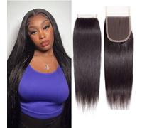 Huarisi 14 Inch Straight Closure Brazilian Virgin Human Hair 4x4 Free Part with Baby Hair Soft Transparent Lace Sew in Natural Hairline for Women