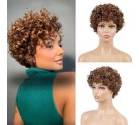 Huarisi Color 4/30 Highlight Brown Short Curly Wigs with Bangs Human Hair Pixie Cut Parrucca Capelli Umani Ricci Corti con Frangia Glueless None Lace Look Natural