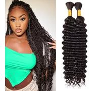 Huarisi Deep Wave Bulk Human Hair for Braiding No Weft 18 Inch 10A Unprocessed Human Hair 50g 1 Bundle Bulk Braiding Hair for Boho Braids(natural color, 2 Bundles 18Inch a Pack)