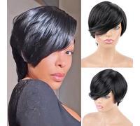 Huarisi Short Black Bob Wig with Bangs Side Part 1B Chic Elegent Pixie Cut Wigs for Women Wavy Human Hair Glueless Natural Side-Swept Fringe Layered None Lace Remy Real Hair