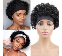 Huarisi Short Curly Pixie Cut Wigs for Women Human Hair Black Headband Bob Wig Glueless None Lace Wear and Go 1B Natural Looking 6 inch Breathable Bouncy Curls Daily Use