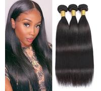 Huarisi Virgin Brazilian Straight Hair 3 Bundles 14 16 18 Inches Grade 7a Remi Human Hair Extensions Packs for Weaving Natural Black Double Weft