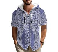 HuazomeeHZM Camicia da Uomo in Cotone e Lino con Cappuccio e Bottoni a Maniche Corte con Stampa Floreale Paisley in Stile Orientale Etnico Casual da Spiaggia per attività all’Aperto e Viaggi Estivi