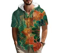 HuazomeeHZM Camicia da Uomo in Cotone e Lino con Cappuccio e Bottoni a Maniche Corte con Stampa Floreale Paisley in Stile Orientale Etnico Casual da Spiaggia per attività all’Aperto e Viaggi Estivi