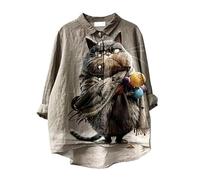 HuazomeeHZM Donna Carina Linea Arte Gatto Stampa Mezzo Pulsante Giù Camicia Manica Lunga collato Sciolto Casual Blusa con Tasca