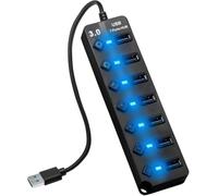 Hub 5Gbps Con 7 Porte USB 3.0, Multiple Con Interruttori Separati per PC, Laptop, e Dispositivi, Porta Multipla Con Cavo da 26 cm, Splitter Con LED