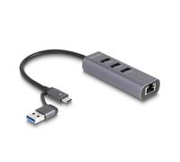 DeLOCK Hub USB 5 Gbps a 3 Porte + LAN Gigabit con connettore USB Type-C o USB Tipo-A in Contenitore Metallico