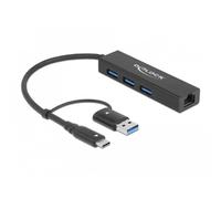 Hub Delock 3 porte USB 3.2 Gen 1 Gigabit Ethernet compatto portatile