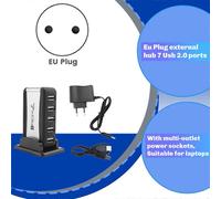 Hub esterno con spina europea, 7 porte USB 2.0 e slot per alimentatore multi-presa, compatibile con notebook e PC.