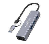 Ewent Hub USB-C 4-in-1, Adattatore Type C/USB-A 3.2 Gen1 a 3 porte USB-A e una Porta Gigabit Ethernet, 5Gbps + LAN Cablata, Velocità per Laptop, PC & MacBook, Android, Windows, Mac OS, iOS (15cm)