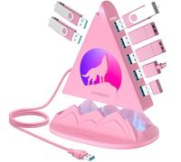Hub USB 3.0 a 7 porte, hub USB rosa con luce notturna RGB a forma di lupo, cavo lungo 0,6 m e base rosa, per laptop, PC, unità flash, HDD, console, stampante, keyborad, mouse e altro (ricarica non
