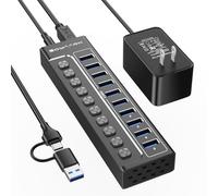 Hub USB 3.0 alimentato a 10 porte USB Hub Splitter con interruttori individuali e spie, 10 porte di trasferimento dati USB 3.0, 4 delle quali possono essere utilizzate per ricarica BC1.2 + adattatore