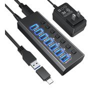 Hub USB 3.0 alimentato, hub dati SuperSpeed in alluminio a 7 porte USB con adattatore di alimentazione 12 V/2 A e interruttore on/off individuale per Surface Pro, Windows, PC, laptop, desktop