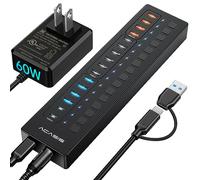 Hub USB 3.0 alimentato, hub USB ACASIS a 16 porte alimentato (include 2 porte USB C 3.0 + 4 porte di ricarica intelligente) con adattatore di alimentazione da 60 W, supporto per montaggio a parete