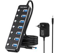 Hub USB 3.0 Alimentato, VKUSRA 7 Porte USB Hub con Alimentatore 5V/3A e Singoli Interruttori ON/OFF, Duplicatore Porta USB in Alluminio per PC, Windows, Mac OS, Linux, MacBook
