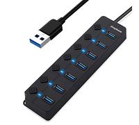 Hub USB 3.0 di estensione, a 7 porte, con interruttori di alimentazione e spie singole, splitter dati ad alta velocità, portatile per PC, laptop ecc.