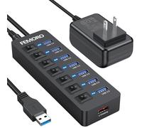 Hub USB 3.0, FEMORO Data 7 porte e ricarica USB, 1 porta multi USB 3.0, splitter con singoli interruttori LED, adattatore di alimentazione, prolunga da 1,2 m, cavo lungo per computer portatile, PC,