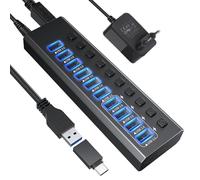 Hub USB 3.0 in alluminio, 10 porte, hub dati USB 3.0 con adattatore di alimentazione da 12 V/4 A (48 W) e interruttori on-off individuali e LED