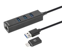 Manhattan Hub USB 180894 – 3 porte Type-C/A USB 3.2 Gen 1 (5 Gbit/s) – Adattatore Rete Gigabit Nero