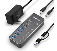 Hub USB 3.2 Alimentato, RSHTECH Hub USB 3.2/C a 7 porte con 3*Porte Dati 10Gbps (USB-A, 2*USB-C), 4*Porte USB 3.0 da 5Gbps, Interruttore a Sfioramento, Cavo Dati 2 in 1, 15W(5V/3A), RSH-ST07C