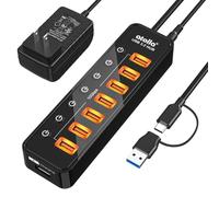 Hub USB 3.2, atolla 8 porte USB 3.2/USB C Hub, hub USB C alimentato con 7 porte USB-A 10 Gbps +1 porta di ricarica intelligente, interruttori on/off individuali, LED, adattatore di alimentazione da 20