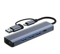Hub USB 5 in 2 con Ethernet, trasferimento dati ad alta velocità USB 3.0, 3 porte USB, connettore di tipo C, porta LAN da 1000 Mbps, grigio applicabile a Dell/HP/Mac/laptop