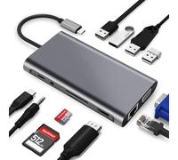 Hub USB C 11 in 1 con PD 100 W, 4K HDMI, VGA, Ethernet, 1 USB 3.0, 3 x USB 2.0, lettore di schede SD/TF, porte Aux da 3,5 mm per iPhone 16/15, iPad, Samsung, Mac, laptop, compatibile con MacBook Pro