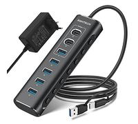 Hub USB C attivo con alimentatore, RSHTECH 7 porte USB C 3.2 hub attivo con 3 porte da 10 Gbps (2 x tipo C, 1 x porta di tipo A), 4 x 5 Gbps, cavo dati da 1 m, alimentatore da 24 W, in alluminio USB