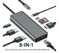 Hub USB C da tipo C a doppio adattatore HDMI con DP RJ45 USB 3 1 compatibile con docking station per laptop 4K60Hz 10 Gbps PD100W(8 IN 1(HDMI RJ45)