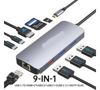 Hub USB C da tipo C a doppio adattatore HDMI con DP RJ45 USB 3 1 compatibile con docking station per laptop 4K60Hz 10 Gbps PD100W(9 in 1(HDMI RJ45)