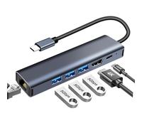 Hub USB C Ethernet Gigabit 6 in 1 Adattatore con HDMI 4K@30Hz, PD 100W, 3 USB-A 3.0 5Gbps, Docking Station USB C per iPhone serie 16/15,MacBook Pro/Air, iMac, iPad Pro,Samsung