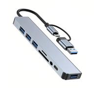 Hub USB C per laptop, EFFIET 8 in 1 Hub USB 3.0, con 5 porte USB TF/SD Card Reader, porta DC USB Splitter per PC, prolunga USB per PC, laptop, MacBook iMac Air, alluminio
