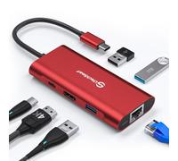 Hub USB C, UtechSmart 6 in 1 adattatore da USB C a HDMI con ricarica 1000M Ethernet 100W, adattatore a 3 porte USB 3.0 compatibile con MacBook Pro, Chromebook e dispositivi USB C (rosso)