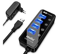 Hub USB con alimentatore di rete, hub USB 3.0 attivo con 4 porte, trasferimento dati SuperSpeed e interruttore, distributore USB con porta di ricarica intelligente e adattatore di alimentazione da 15