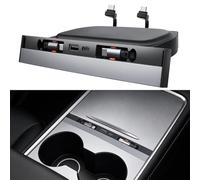 Hub USB console centrale per Tesla Model Y 2021-2024 & Model 3 2021-2023, adattatore auto ricarica rapida multiporta con 2 cavi Type-C retrattili da 27W, accessori interni per Tesla Model 3/Y