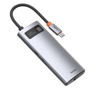 Hub USB multifunzione 6 in 1 con USB-C PD, HDMI, 3 porte USB 3.2 e RJ45, colore grigio.