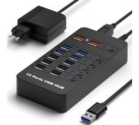 Hub USB Powered, Wrugste 12 porte USB 3.0 Hub Splitter (2 porte Quick Charge Port) viene fornito con alimentatore di rete da 48 W e LED commutati individualmente per Mac e PC