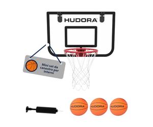 HUDORA Mini set da basket per interni - set con 3 palloni e pompa - canestro da basket per camera/ufficio - anello con molla e tabellone in PVC - con supporto per porta - per camerette o appartamenti