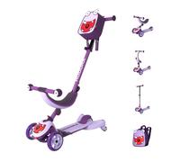 HUDORA Monopattino per bambini 4-in-1 look mostro - triciclo cavalcabile e monopattino - ruote a LED e zaino - altezza regolabile - da 12 mesi - modalità seduta e guida - per bambini/bambine - lavanda