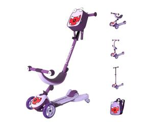 HUDORA Monopattino per bambini 4-in-1 look mostro - triciclo cavalcabile e monopattino - ruote a LED e zaino - altezza regolabile - da 12 mesi - modalità seduta e guida - per bambini/bambine - lavanda