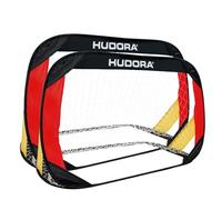 Hudora Set di 2 porte da calcio Pop Up, Porte da calcio pieghevoli per bambini e adulti, con borsa e picchetti, adatte per esterni e interni, nero/rosso/oro