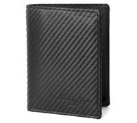 Hudson & James Portafogli da uomo in pelle di carbonio con blocco RFID, portafogli da uomo con porta carte, finestra d'identità, tasca portamonete, scomparti per banconote, portafoglio verticale a tre