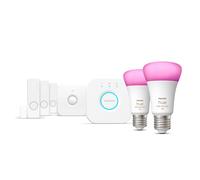 Philips Hue Secure, StarterKit, Lampadina Smart, Luce da Bianca a Colorata, 9W, 3 Sensori di Contatto, Sensore di Movimento, Hue Bridge
